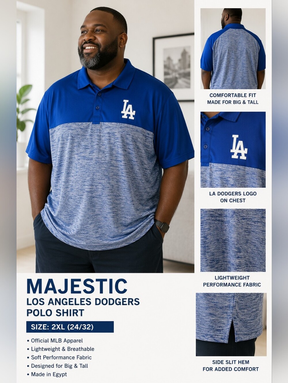 Majestic LA Dodgers Polo Shirt 2XL Blue Heather Performance Short Sleeve
